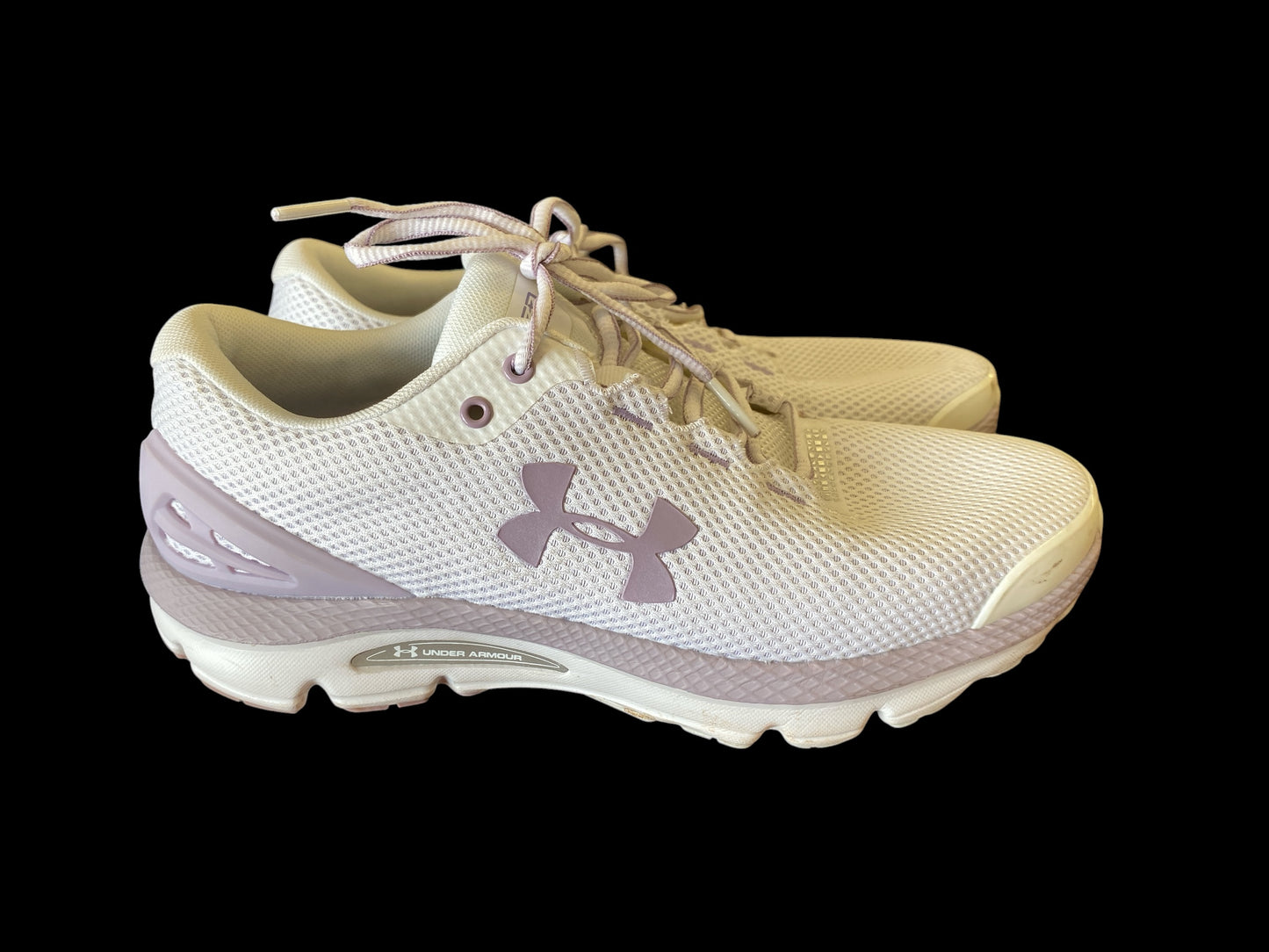 white, lavendar Under Armour womens sneakers, 9.5