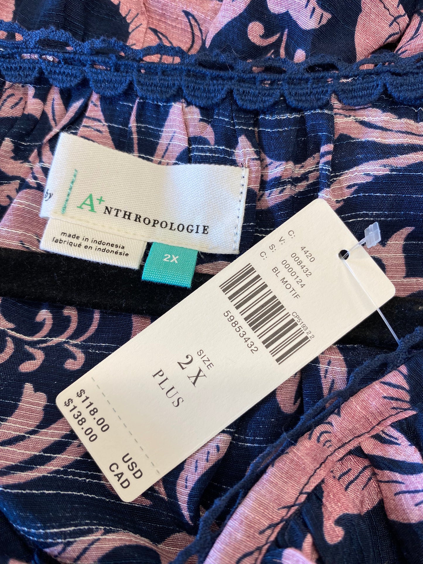 navy, mauve Anthropologie + designer shirt, 2XL