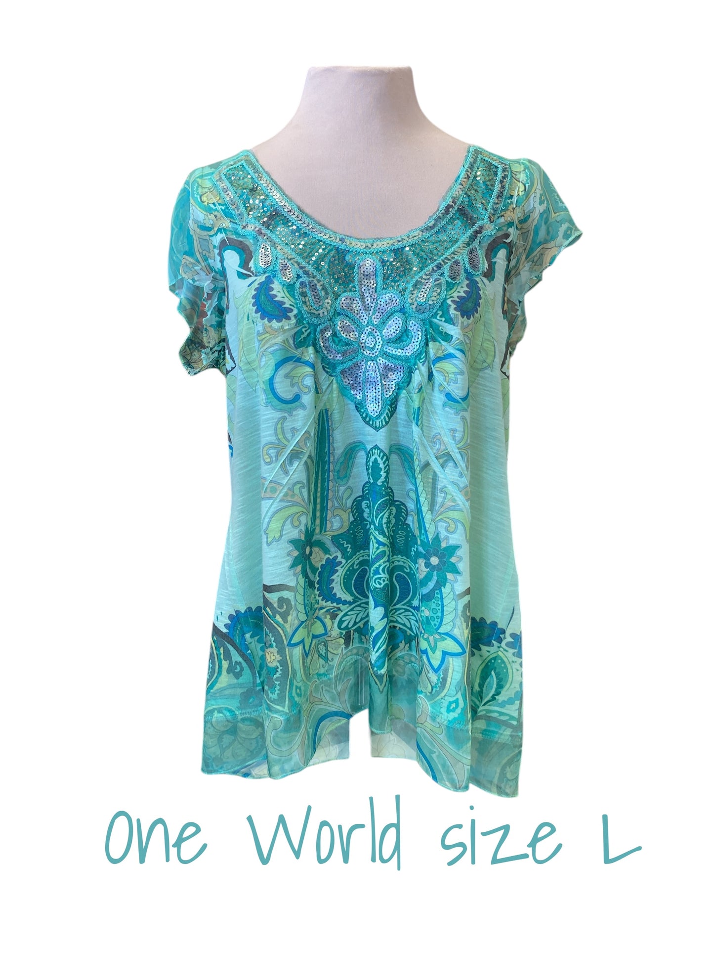 green one world womens top, large