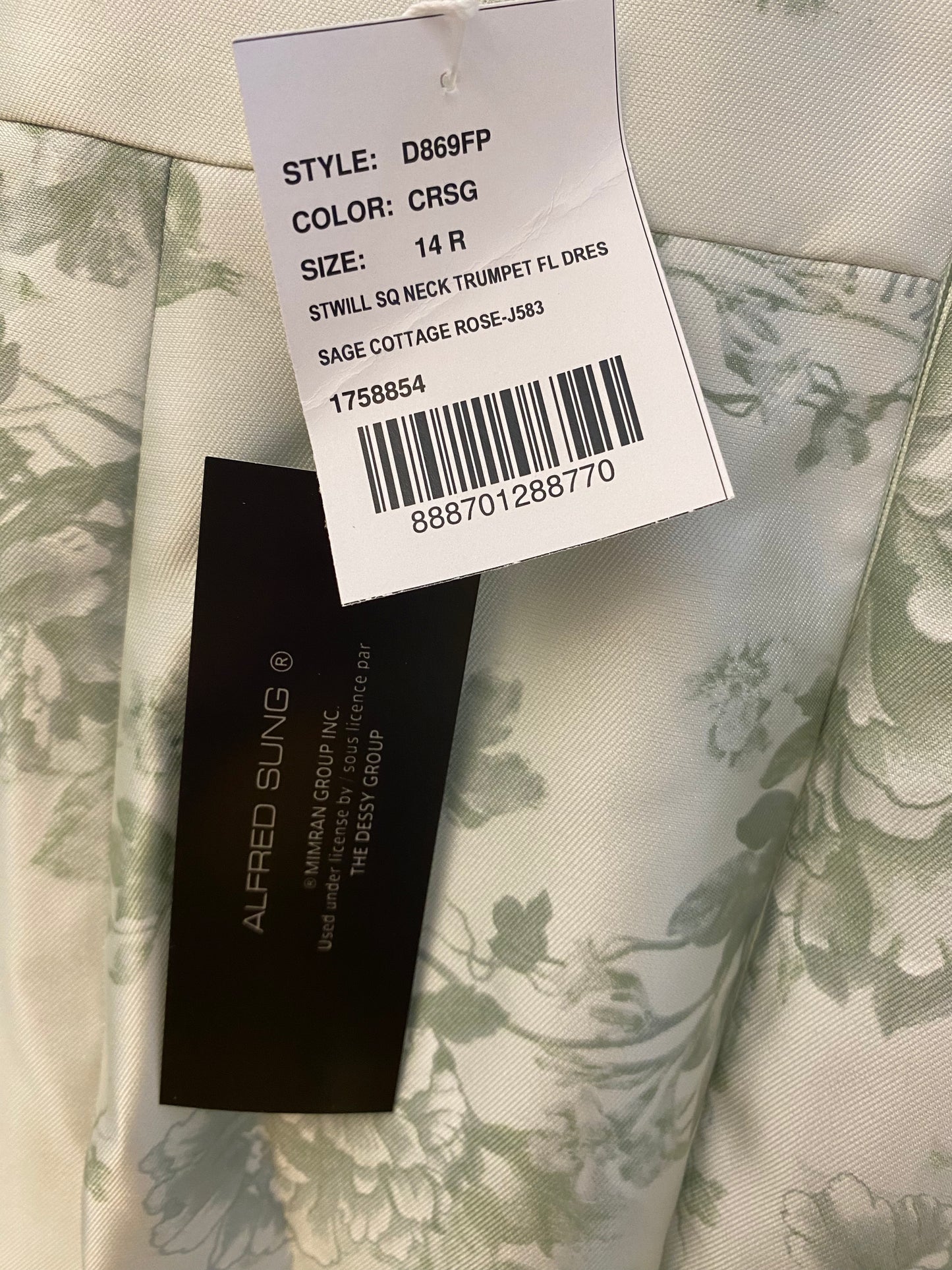 sage green Alfred Sung formal dress, 14