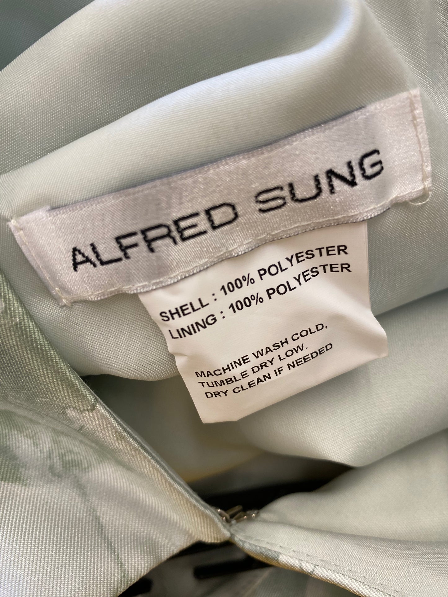 sage green Alfred Sung formal dress, 14