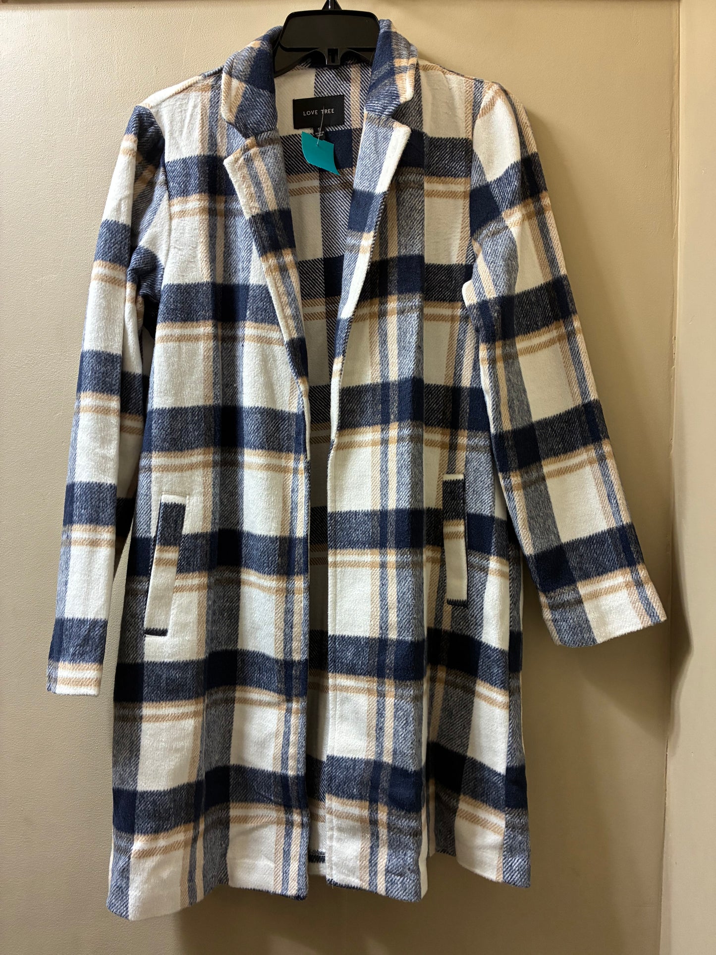 Blue, White, Brown Love tree Cardigan, small